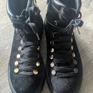 Women's Black Suede Lace-Up Ankle Boots with Gold Hardware